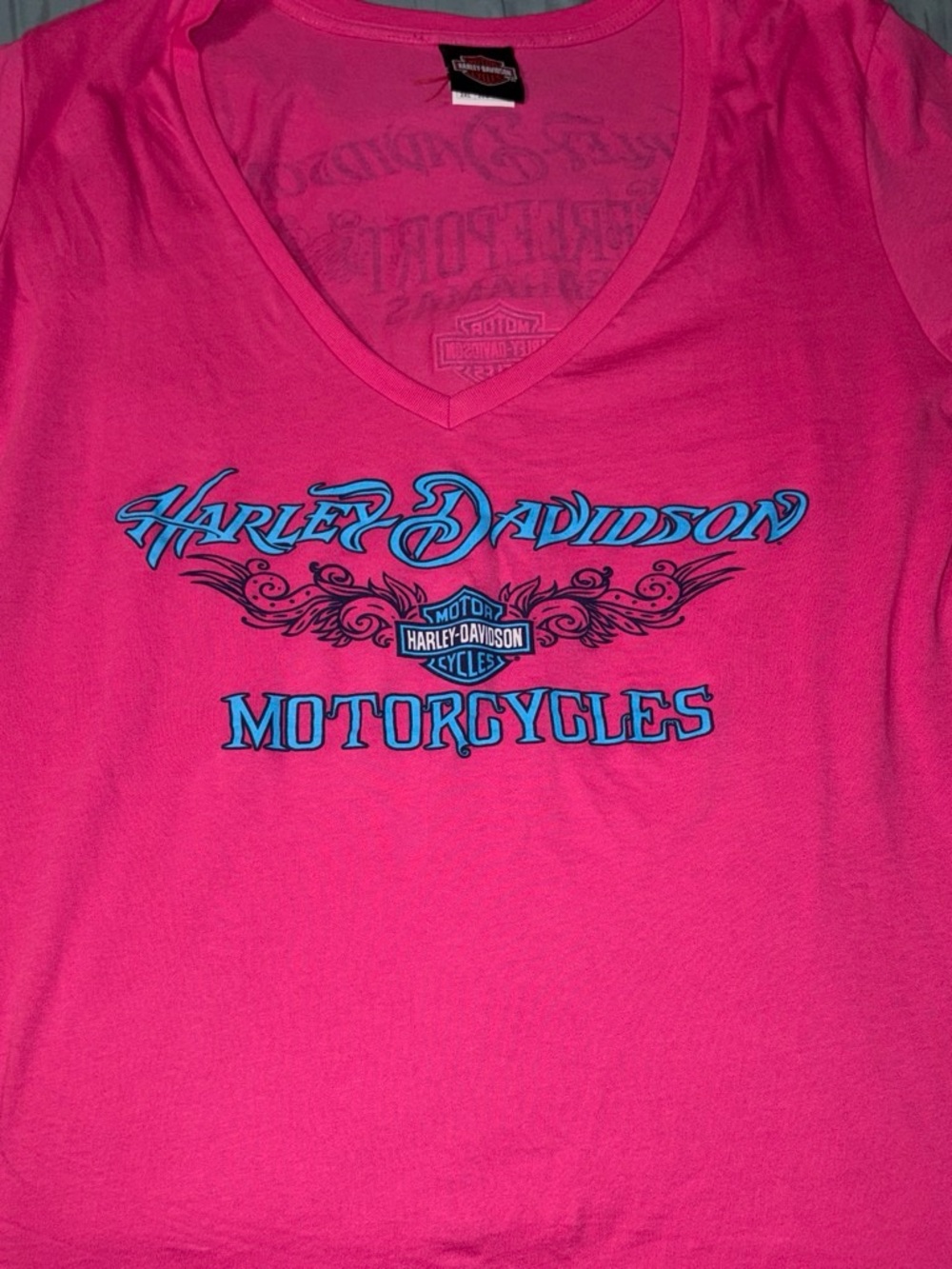 Harley-Davidson Bright Pink V-Neck Tee with Blue Logo